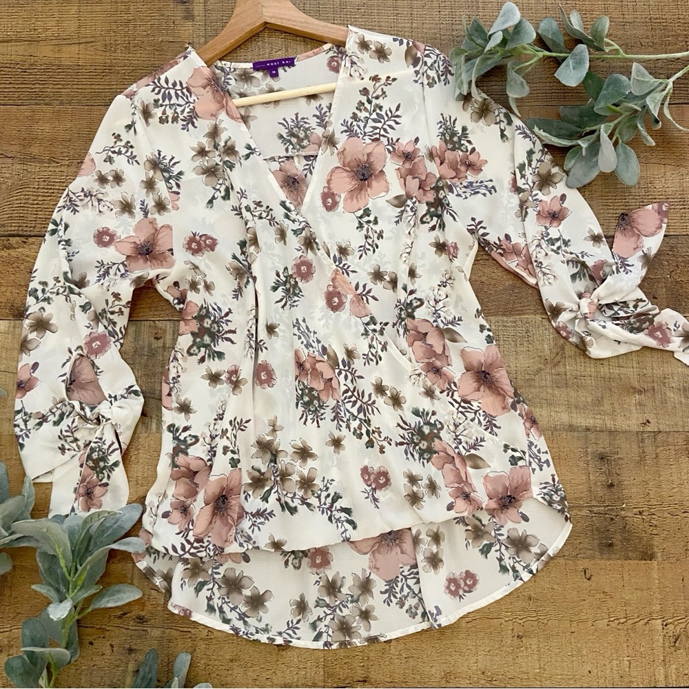 Blouse Floral Wrap Style, Flowy, 3/4 Length Sleeves, Longer in Back